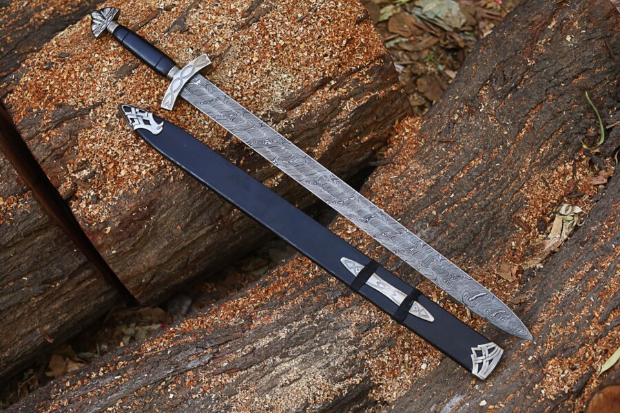 38 Inch Viking Ragnar Sword - Northman Black Damascus Steel Sword - Norseman Sword Replica with Wooden Scabbard